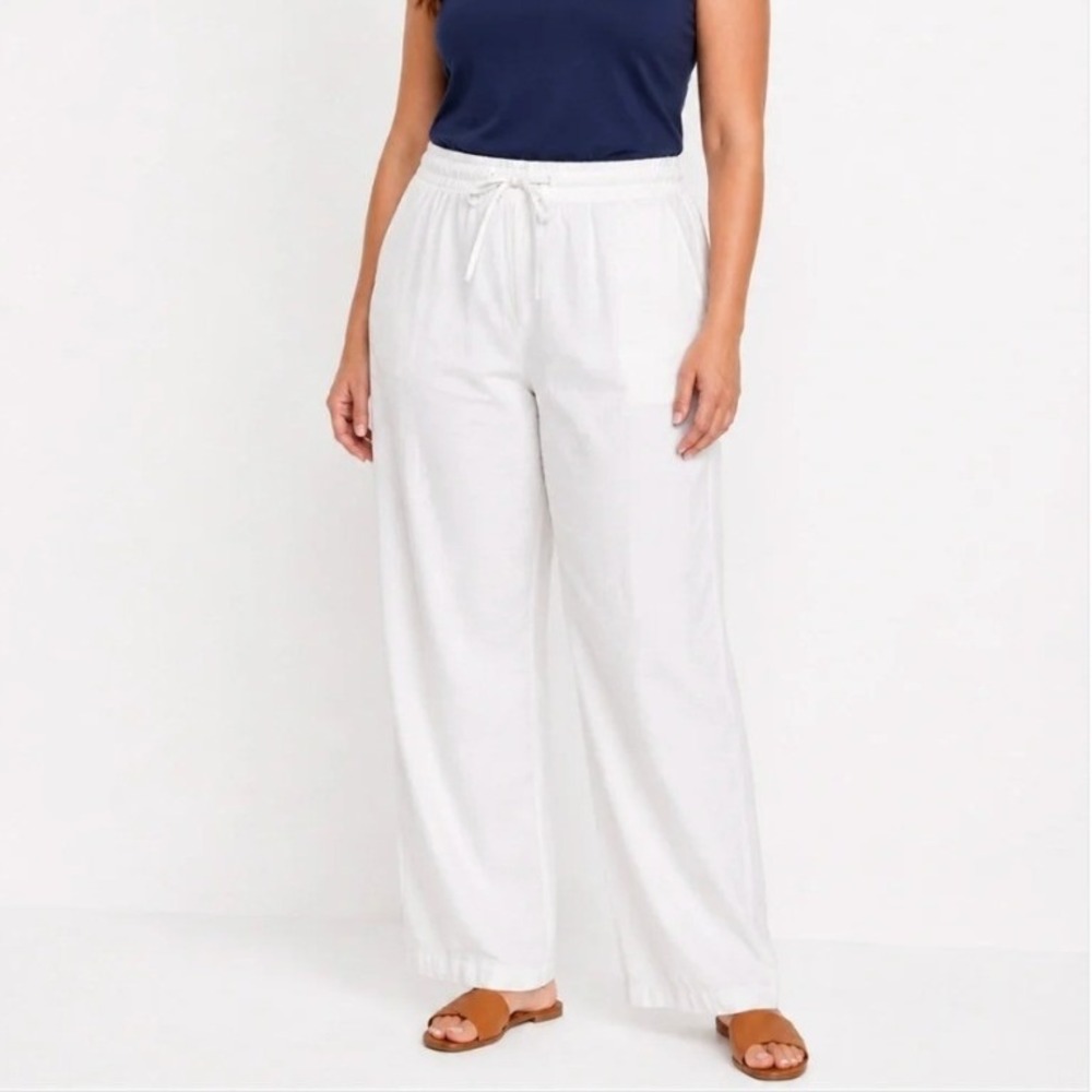 Old Navy Women's Size Large High Rise Wide Leg Linen Pant Bright White Pockets